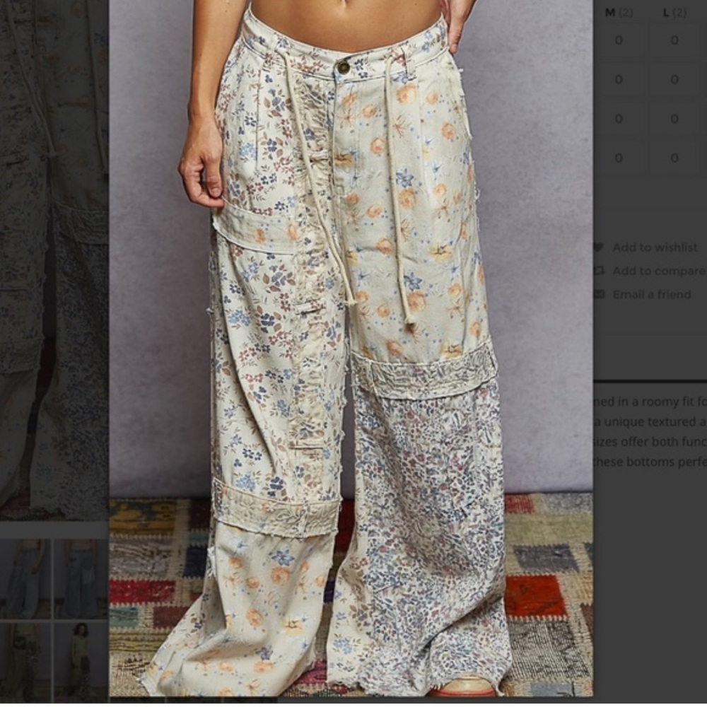 🆕 POL MARGO PANTS Cream Floral Wide-Leg Pants/Distressed